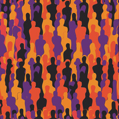 Abstract Crowd of People Silhouettes in Purple, Orange, and Black