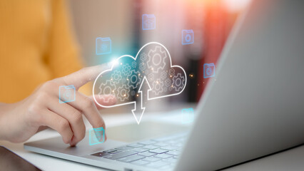 cloud technology concept. Women with cloud computing diagram shown on hand. Cloud technology. Data storage. Networking and Internet service for telecommunications.