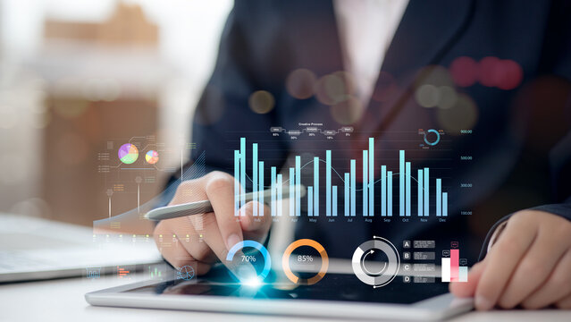 Business Intelligence concept - data analysis, management tools, intelligence, corporate strategy creation, data-driven decision making