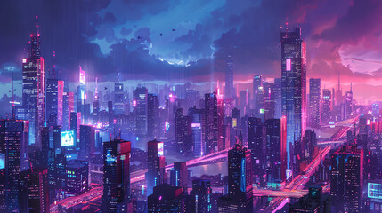 Obraz premium City Skylines with Towering Buildings and Vibrant Lights