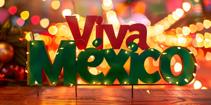 Frase &ldquo;Viva M&eacute;xico&rdquo; en letras grandes y gordas de fondo luces bokeh. Festejos de D&iacute;a de la independencia 5 de Mayo o d&iacute;as patri&oacute;ticos