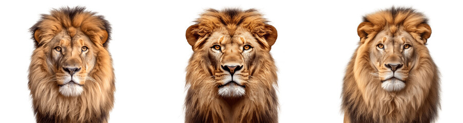 Fototapeta premium Set of close-up majestic African lion's face, isolated on transparent background