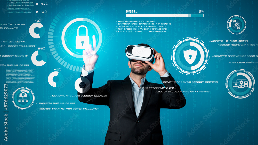 Poster caucasian project manager wearing vr glasses while look at hologram of security system. smart busine
