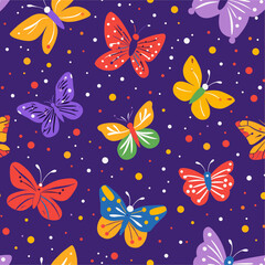 Colorful Butterfly Seamless Pattern on Dark Background