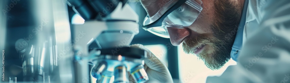 Poster scientific discovery - close-up of scientist examining sample under microscope with intense focus an