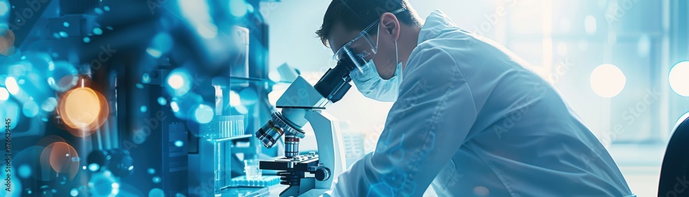 Poster scientist making a breakthrough discovery while examining sample under microscope