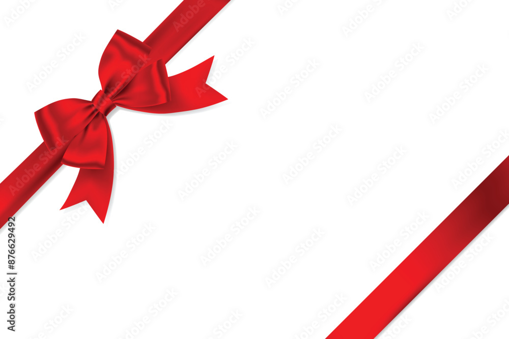 Poster red ribbon bow realistic shiny satin with shadow place on corner of paper for decorate your wedding 