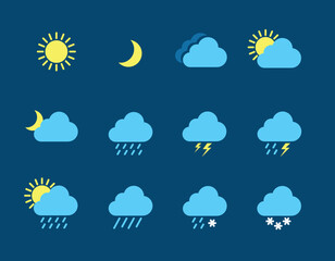 Obraz premium Set of weather icons flat vector design , Contains symbols of the sun, clouds, snowflakes, wind, rainbow, moon and much more flat vector weather and meteorology for mobile and web application
