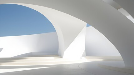 Fototapeta premium Minimalist White Architectural Curves and Shadows in Tranquil Public Space