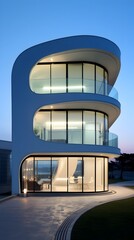 Fototapeta premium Sleek and Streamlined Modern Architecture with Curved Glass and Steel Facade