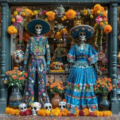 Fototapeta premium A store window dressed up for Dia de los Muertos with beautifully decorated skeleton mannequins, marigold flowers, and traditional Mexican elements, creating a vibrant and eye-catching display