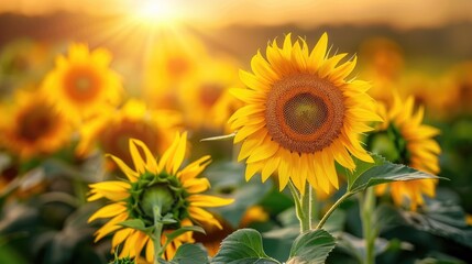 A field of sunflowers with the sun setting in the background