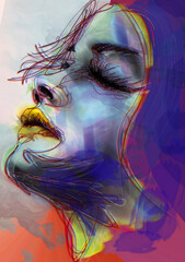 painting of young woman, psychedelic abstract technique, vibrant colors, artistic painting, digital art