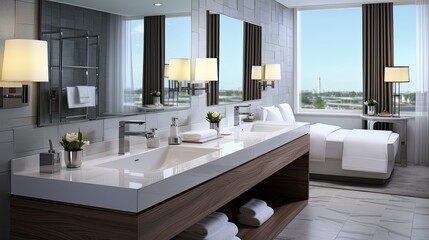 a bathroom with a large mirror and a sink with towels on it