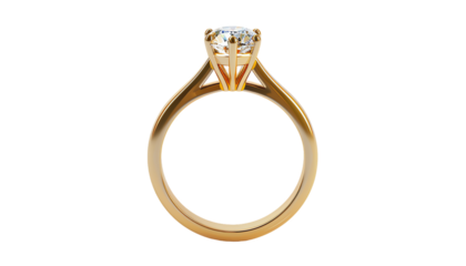 Close-up of a classic gold engagement ring with a sparkling diamond.