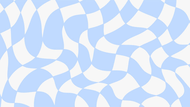 Distorted checkerboard blue background. Trendy twisted gingham chessboard. Horizontal wavy backdrop. Vector illustration.