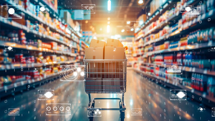 Futuristic shopping experience with digital overlay in a supermarket, advanced supply chain technology
