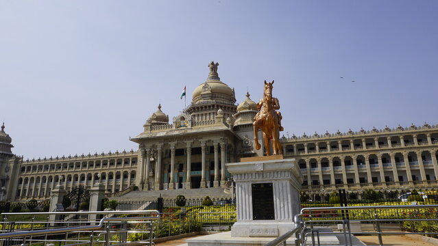 Basava statue in front of famous stunning Vidhana Soudha.