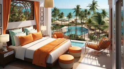 Fototapeta premium a bedroom with a bed and a palm tree