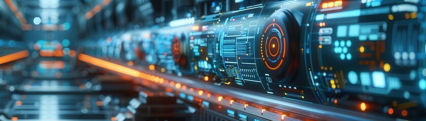 Obraz premium A digital interface displaying realtime production line simulations for students, Futuristic, Blue and White, Digital Painting, Smart manufacturing training