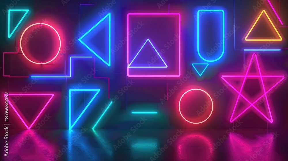 Poster bright, colorful neon geometric shapes and lines on a dark background creating a dynamic visual effe