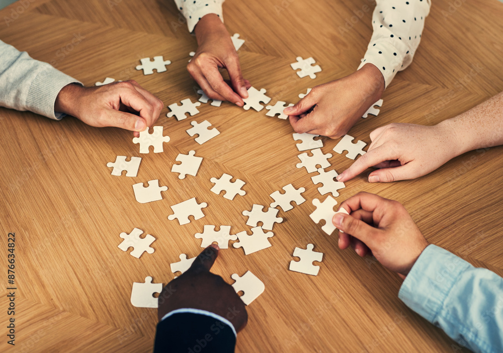 Poster Business hands, planning and puzzle piece for group problem solving, strategy or workflow process on table. People in circle with creative game for cross departmental collaboration, ideas or solution