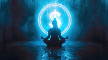A realistic photo of a person meditating with a glowing dollar sign above their head, no text,