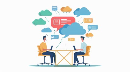 Cloud computing, cloudsupported customer service chats, flat design illustration