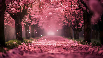 A cherry blossom-lined path in spring, petals gently falling like confetti under a soft pink canopy