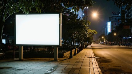 A large white billboard sits on a sidewalk in the middle of a city street