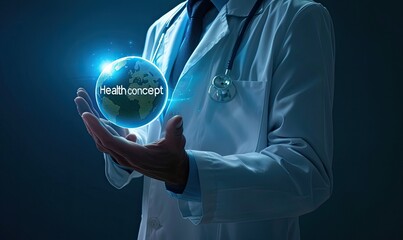 A doctor holding a globe with the word "health concept" written on it