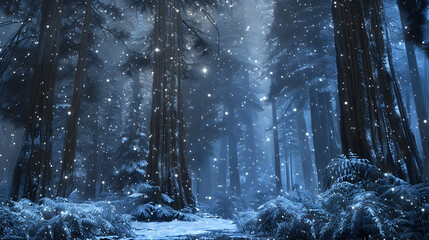 Naklejka premium A dreamlike winter scene with delicate snowflakes falling on ancient redwoods in a secluded forest, under a starry sky