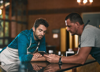 People, men and tablet internet for research, liquor licence and craft beer production in brewery. Entrepreneur team, friends and tech for business funding, loan faq and web article in distillery