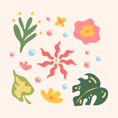 colorful abstract hand drawn tropical leaves and flower spring background 3