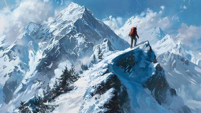 A hicker ascending a snowy peak, with icy cliffs and alpine forests framing the rugged path to the summit