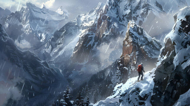 A hicker ascending a snowy peak, with icy cliffs and alpine forests framing the rugged path to the summit