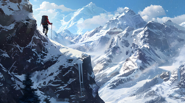 A hicker ascending a snowy peak, with icy cliffs and alpine forests framing the rugged path to the summit