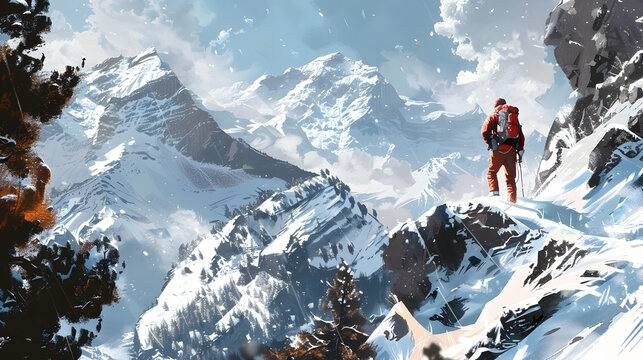 A hicker ascending a snowy peak, with icy cliffs and alpine forests framing the rugged path to the summit