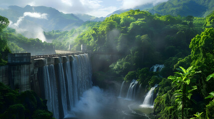 Fototapeta premium A hydroelectric dam with cascading waterfalls and lush greenery, blending into a pristine natural landscape