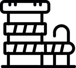 Line art icon of an airport check in counter with a luggage scanner and conveyor belt, symbolizing travel and security procedures