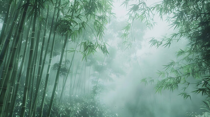 A misty bamboo forest with towering stalks swaying gently in the breeze, creating a sense of serene isolation