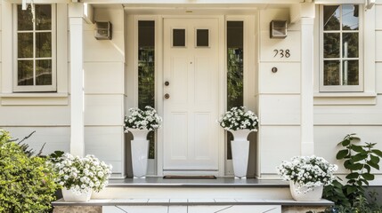 A striking white entrance door surrounded by geometric steps and white potted flowers exudes modern charm