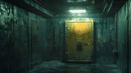 Obraz premium Dimly lit underground bunker with rugged golden safe amidst concrete walls, exuding secrecy.