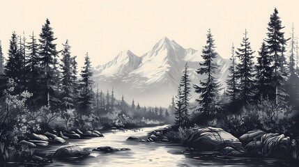 Detailed engraving-style illustration of mountains, pine trees, and a flowing river for natural backgrounds.