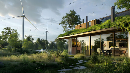 Obraz premium A rural farmhouse with a rooftop garden and wind turbines, blending modern sustainability with traditional architecture