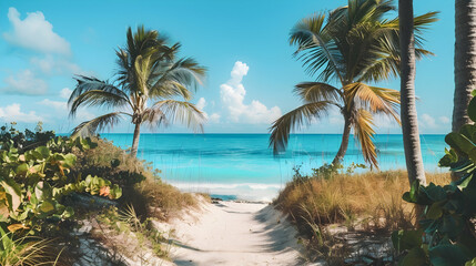 Naklejka premium A serene beach scene with palm trees framing a sandy path leading to turquoise waters under a cloudless sky