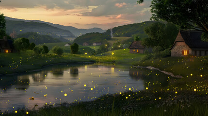 Fototapeta premium A serene countryside at twilight, with fireflies dancing over a tranquil lake surrounded by quaint cottages and rolling hills