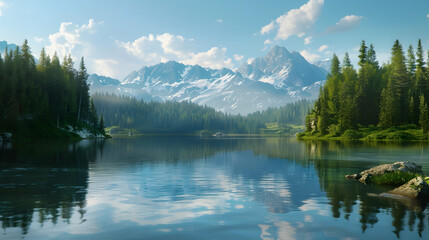 Fototapeta premium A serene lake surrounded by dense pine forests with a distant view of snow-capped mountains