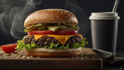 A delicious grilled Angus burger with cheese, lettuce, and tomato on a sesame seed bun. advertising social media