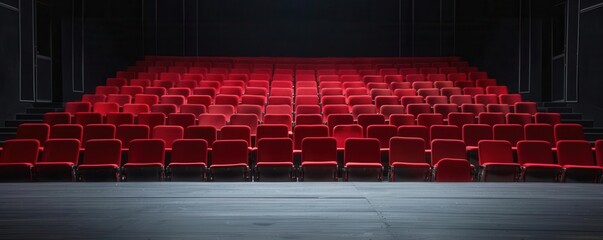 Empty theater with red seats and a black stage. Ideal for performance, presentation, drama, and entertainment-focused imagery.